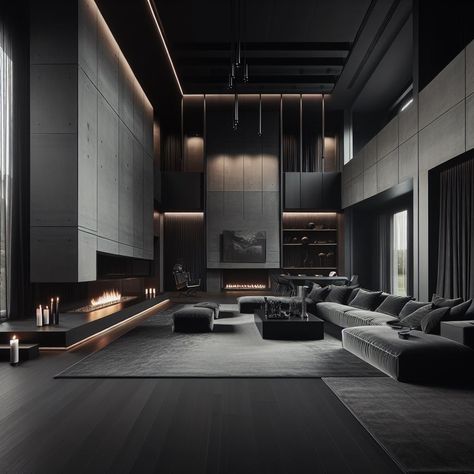 Dream House Dark, Dark Modern House Interiors, Black Interior House, Modern Home Design, Black Luxury House, Dark Modern House, Mansion Living, Luxury Mansions Interior, Modern House Interior