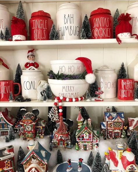 Rae Dunn Kitchen Display, Christmas Aethstetic, Christmas Rae Dunn Hutch, Ray Dunn Christmas, Rae Dunn Christmas Coffee Bar, Christmas Hutch, Rae Dunn Christmas Display Shelf, Pharmacy Decor, Ray Dunn Christmas Mugs