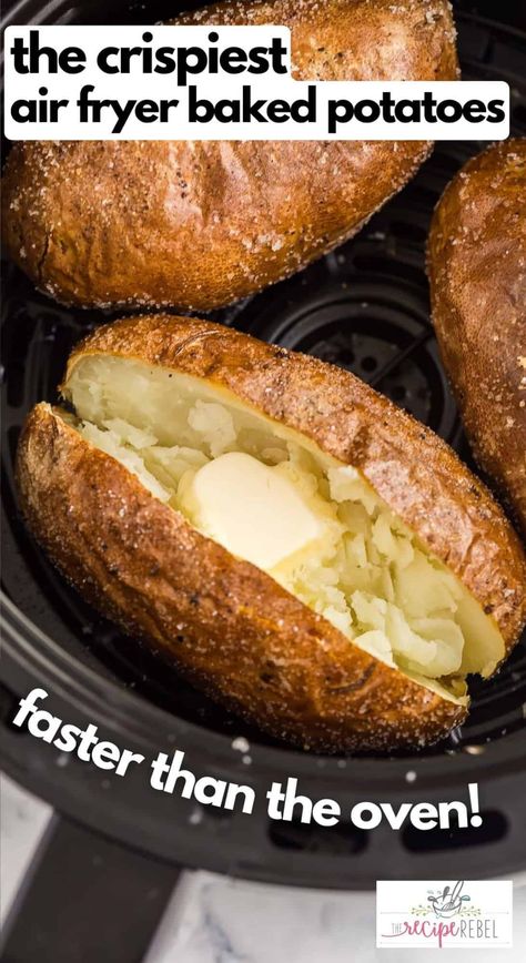 This Air Fryer Baked Potato recipe is incredibly crispy on the outside, fluffy and creamy on the inside, and couldn't be easier! Simply seasoned and perfect for your favorite toppings. #airfryer #airfryerrecipes #potato #recipes Air Fryer Oven Baked Potato, Air Fryer Baked Potato For One, How To Air Fry Baked Potato, Baked Potato Instant Pot Air Fryer, Air Dry Baked Potato, Chicken And Shrimp Air Fryer Recipes, Air Fry Bake Potatoes, Bake Potato In Air Fryer, Large Baked Potatoes In Air Fryer