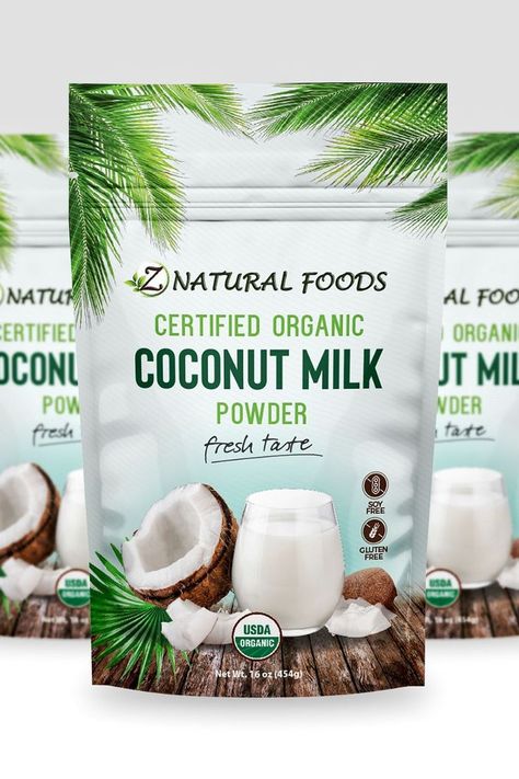 Z natural food have use good font with color combination and creative realistic illustration #packaging #bestpackaging #premiumpackaging #bestpackaging #premiummilkpackging #coconutpackaging #coconutmilk Coconut Packaging Design, Organic Milk Packaging, Coconut Packaging, Dairy Products Packaging Design, Illustration Packaging, Gluten Dairy Free, Milk Packaging, Realistic Illustration, Coconut Milk Powder