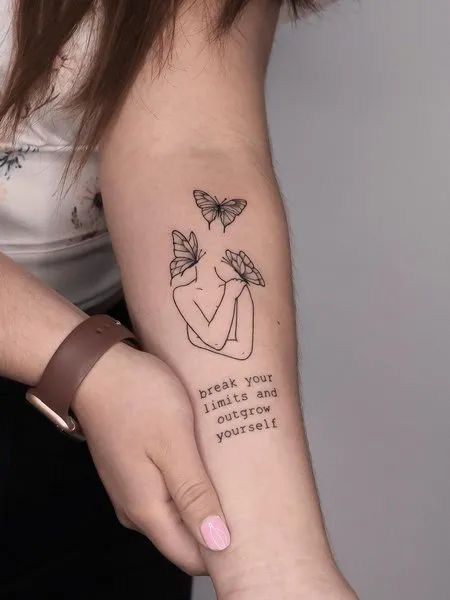 Quote With Design Tattoo, Loving Myself Tattoo, Love Your Body Tattoo Ideas, Healing Tattoo Ideas For Women, Healing Quotes Tattoo, Give Yourself A Try Tattoo, Minimalist Tattoo Self Love, Self Love Quote Tattoos, No Shading Tattoo