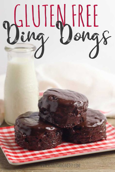 This recipe for gluten free ding dongs tastes just like the original! The taste of this gluten free ding dong cake will take you back to your childhood. And you'll love how easy these gluten free copycat recipes are! They're a simple way to have your favorite gluten free Hostess treats. These yummy gluten free chocolate cupcakes haved sweet filling and chocolate glaze, making them a great gluten free cupcake recipe! #glutenfree Gluten Free Cupcake, Gluten Free Cupcake Recipe, Ding Dong Cake, Ding Dongs, Gluten Free Party Food, Gluten Free Party, Gluten Free Chocolate Cupcakes, Oatmeal Creme Pie, Gluten Free Gifts