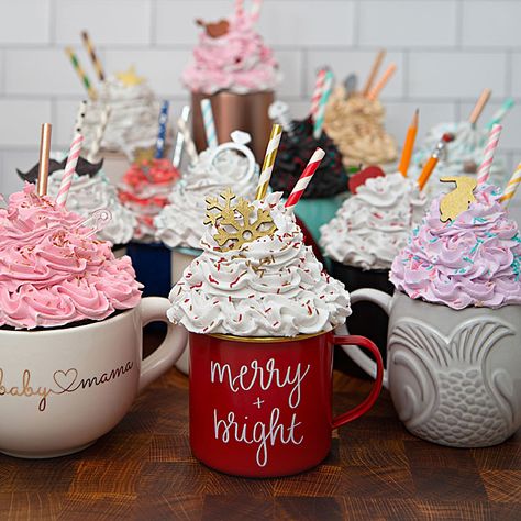 Whipped Cream Toppers For Mugs, How To Make Faux Drinks, Faux Whipped Cream Diy, Faux Hot Chocolate Prop Diy, Fake Hot Cocoa Mug Diy, How To Make Fake Whipped Cream, Faux Ice Cream Diy, Christmas Mug Craft, Faux Whipped Cream Mug Topper Christmas