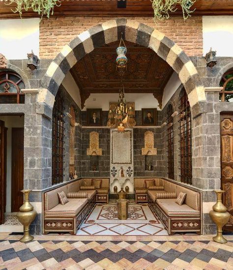 Old  Damascus, stone flooring. I want a Syrian home in America. Can we make that happen? Old Damascus, Riad Marrakech, Damascus Syria, Casa Patio, Architecture Model Making, Courtyard House, Ancient Architecture, Islamic Architecture, Historical Architecture