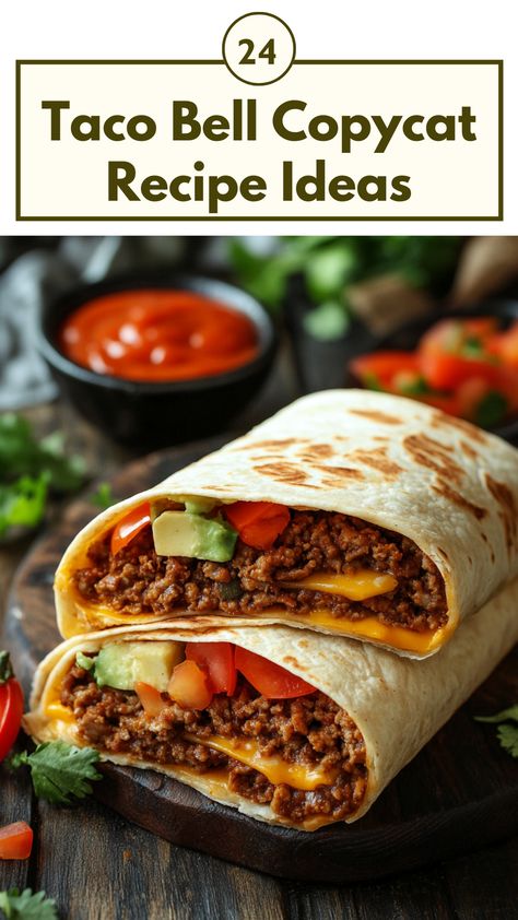 A homemade Taco Bell copycat dishes, including tacos, burritos, and sauces, served on a rustic wooden table. Taco Bell Crunch Wrap Recipe, Taco Bell Copycat Recipes, Taco Shell Recipe, Taco Bell Copycat, Copycat Taco Bell, Nachos Supreme, Taco Bell Recipes, Ground Beef Seasoning, Recipes To Make At Home