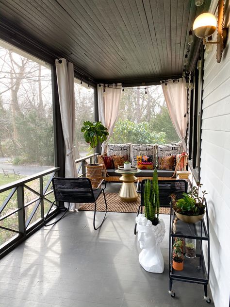 Screen Porch Color Ideas, Rectangle Porch Layout, Modern Screened In Front Porch, Back Porch Ideas With Grill, Screened In Side Porch Ideas, Eclectic Front Porch Ideas, Eclectic Porch Ideas, Eclectic Screened In Porch, Bohemian Front Porch Ideas