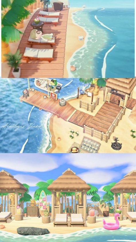 Animal Crossing Island House Layout, Animal Crossing Island Area Ideas, Acnh River Design, Beach Idea Animal Crossing, Animal Crossing Beach Campsite Ideas, Acnh Back Beach Ideas, Acnh Beachside Ideas, Mamma Mia Animal Crossing, Animal Crossing Boardwalk Ideas