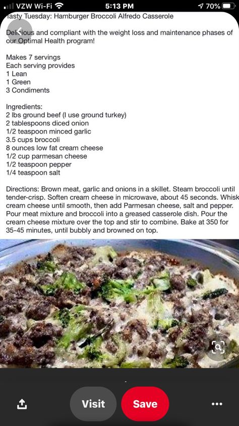 Hamburger Broccoli, Alfredo Casserole, Ground Beef And Broccoli, Medifast Recipes, Optavia Lean And Green, Beef Broccoli, Broccoli Alfredo, Lean And Green, Green Meals