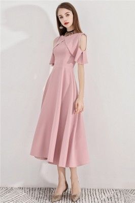 Pink Tea Length Halter Party Dress Aline with Cold Shoulder - $76 #HTX86047 - SheProm.com Tea Length Formal Dresses, White Ball Gowns, Prom Dresses 2019, Long Evening Gowns, Formal Party Dress, Wedding Guest Dress Summer, Formal Party, Tea Length, Unique Dresses