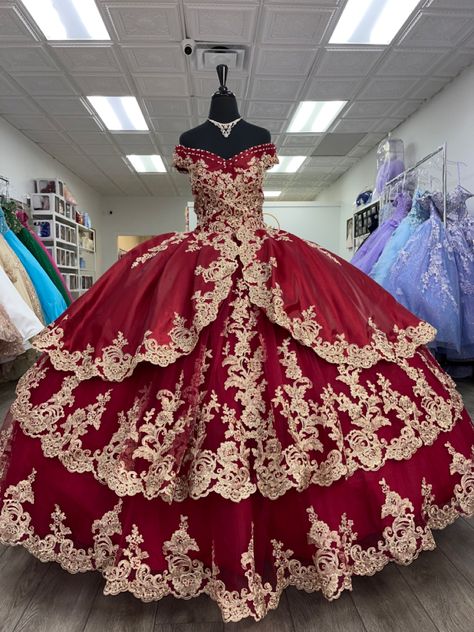 Ruby red quinceanera dress Red And Gold Quinceanera Dresses, Red Quince Dress, Gold Quinceanera Dresses, Ball Gown Off Shoulder, Red Quinceanera Dress, Red Quinceanera Ideas, Quinceanera Red, Burgundy Quinceanera Dresses, Red And Gold Dress