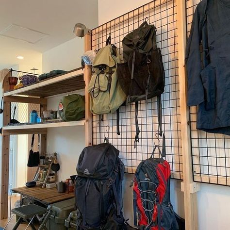 Gear Room Organization, Gear Room Ideas, Outdoor Gear Storage, Camping Gear Storage, Adventure Room, Gear Wall, Gear Room, Gear Storage, Camping Storage