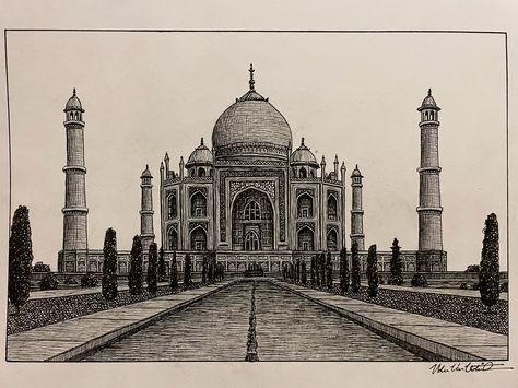 "These prints are of an original Taj Mahal drawing in Uttar Pradesh, India. I've made it with 02 and 03 micron pens (very fine, small pens). Here, the iconic building that defines the beautiful architectural style of Stanford's campus is captured using my own artistic style. These prints make great gifts for a loved one with Indian pride too. The prints are ultra-high definition scanned copies of the original drawing, printed on durable professional paper to simulate the quality and appearance of the original drawing. They look fantastic framed, as well. The original drawing, which is also for sale, took 15+ hours because of the immense detail, so it is easy to get lost staring at the crisp detail of the buildings in this drawing. When shipping, I put the print in between rigid cardstock i Taj Mahal Sketch, Taj Mahal Drawing, Stanford Campus, Micron Pens, Print Drawing, Taj Mahal India, One Point Perspective, The Taj Mahal, Grey Painting