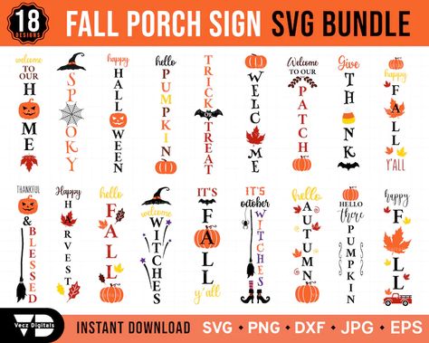 Fall Welcome Porch Sign SVG Bundle Halloween Porch Sign svg | Etsy Diy Porch Welcome Signs Ideas, Diy Wood Signs Ideas Front Porch, Halloween Welcome Signs Front Porches, Welcome Fall Porch Sign, Halloween Signs Wooden Porch, Thanksgiving Porch Signs, Fall Welcome Sign Front Door, Thanksgiving Welcome Signs For Porch, Autumn Porch Signs