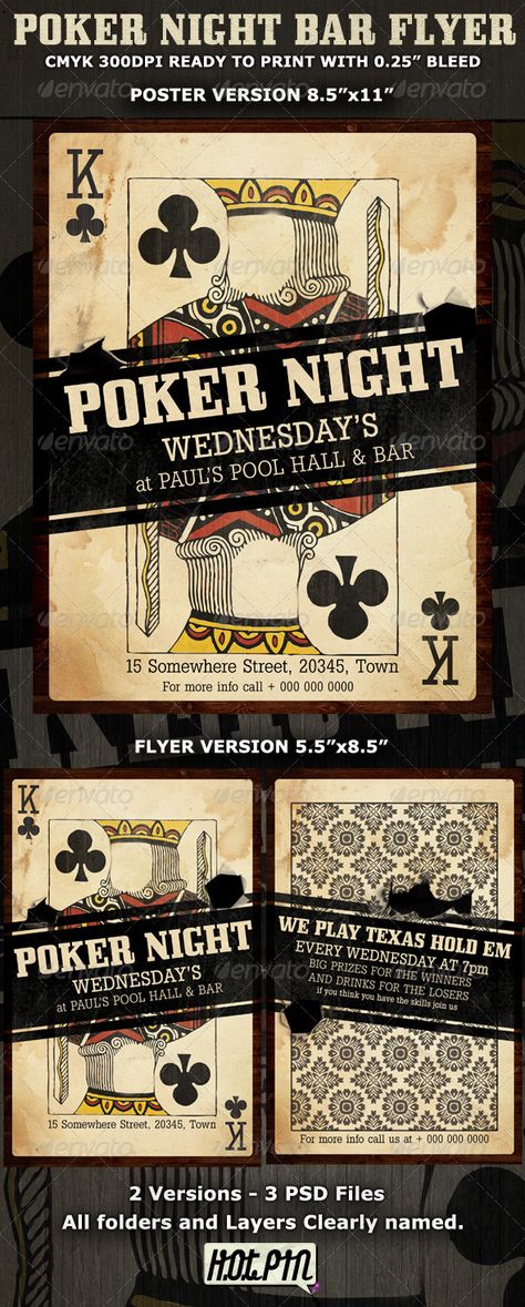 Poker Night Bar Flyer Template is suitable for bar poker night and with some modifications on text you can use it to advertise your poker or casino website!  3 PSD files – 8.5”x11” and 5.5”x8.5” with 0.25” bleed  2 Versions- Poster and Flyer  Clearly labeled folders and layers  CMYK – 300dpi – Ready to print with guides Bar Flyer, Advertising Flyers, Flyers Design, Poker Party, Night Bar, Poker Night, Good Day Song, Sports Flyer, Poker Games