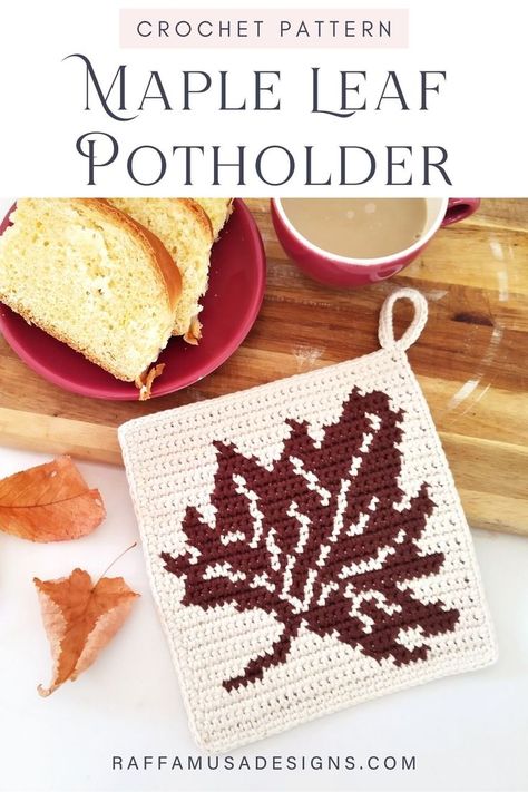 a picture showing a crocheted potholder with the image of a maple leaf Free Crochet Hot Pad Patterns, Maple Leaf Crochet Pattern, Crochet Maple Leaf, Thanksgiving Crochet Patterns, Crocheted Potholders, Crochet Fall Decor, Thanksgiving Crochet, Crochet Potholder Patterns, Crochet Pot