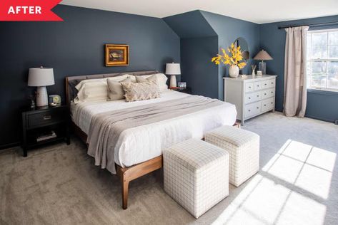 Dramatic Blue Bedroom Redo | Apartment Therapy Outerspace Sherwin Williams Bedroom, Wall Street Sherwin Williams Bedroom, Main Bedroom Color Ideas, Bed Rooms Colors Paint, Distance Sherwin Williams, Sherwin Williams Blue Bedroom, Outerspace Sherwin Williams, Sherwin Williams Bedroom Colors, Blue Paint Colors For Bedroom