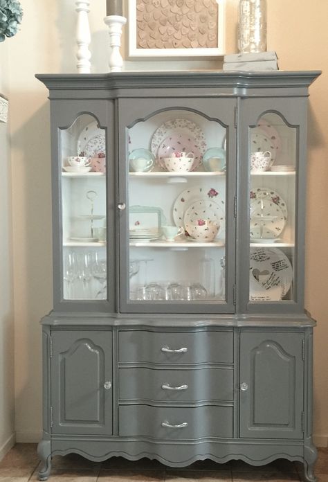 Painted China cabinet Redone China Cabinet, French Provincial China Cabinet Makeover, Vintage China Cabinet Makeover, Gray China Cabinet, Painted China Cabinet Ideas, Grey China Cabinet, Repurposed China Cabinet, Floating Nightstand Ideas, Painted China Cabinet