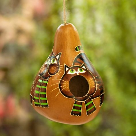 Hand-Painted Dried Gourd Birdhouse with Cat Motif from Peru - Cute Cats | NOVICA Cat Gourd, Two Cute Cats, Calabash Gourd, Fall Gourds, Halloween Gourds, Homemade Bird Houses, Gorgeous Gourds, Gourds Birdhouse, Decorative Gourds