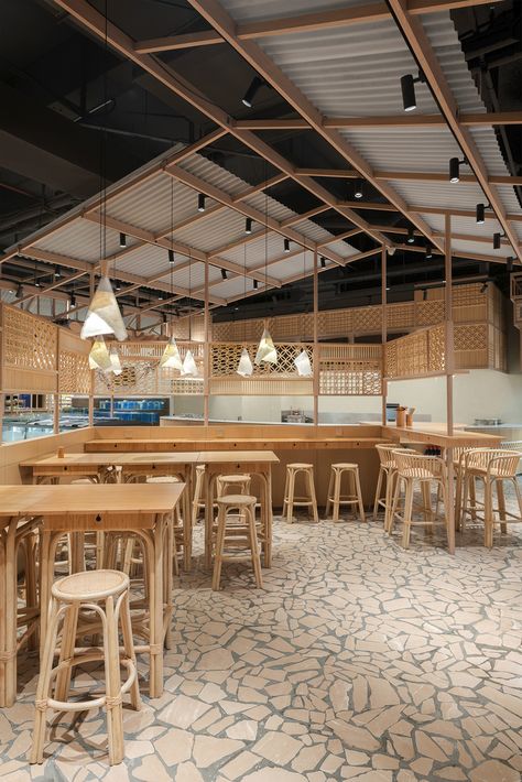 Gallery of The Assembled Market· Fresh Mart / LUKSTUDIO - 17 Flagstone Pavers, Lattice Screen, Cafe Area, Roof Structure, Outdoor Market, Pitched Roof, Low Ceiling, Wall Graphics, Restaurant Interior