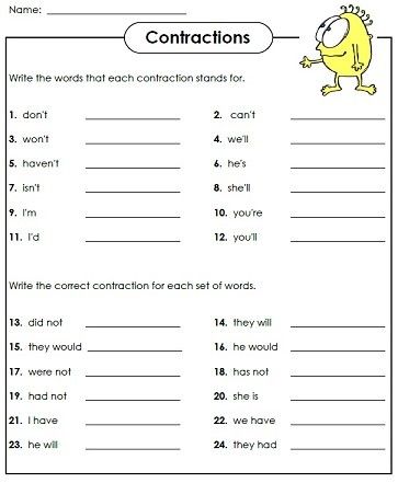 Grammar Worksheets High School, Contractions Worksheet, Ks2 English Worksheets, 4th Grade Reading Worksheets, Teaching Clipart, Punctuation Worksheets, Art Homework, Language Arts Worksheets, 2nd Grade Writing