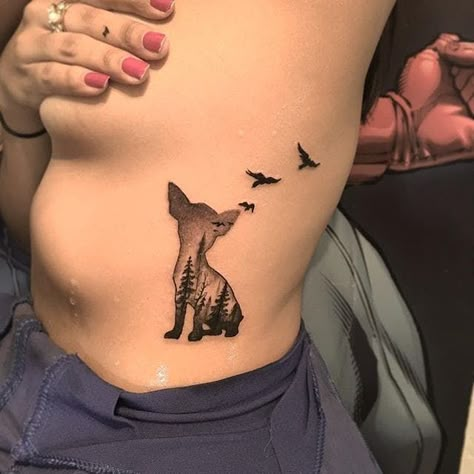 Tattoo uploaded by Stacie Mayer | Black and grey chihuahua silhouette tattoo with a forest scene inset. Tattoo by Alexis Vargas. #chihuahua #blackandgrey #silhouette #birds #forest | 60152 | Tattoodo Chihuahua Silhouette, Pet Portrait Tattoos, Psy Chihuahua, Chihuahua Tattoo, Silhouette Tattoo, One Line Tattoo, Portrait Tattoos, Silhouette Tattoos, Stomach Tattoos