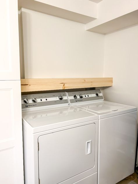 DIY Floating Shelf Above a Washing Machine - Smallish Home Shelf Over Washer And Dryer, Washing Machine Storage, Laundry Soap Container, Diy Floating Shelf, White Wash Stain, Sliding Mitre Saw, Machine Storage, Shelf Board, Floating Shelves Diy