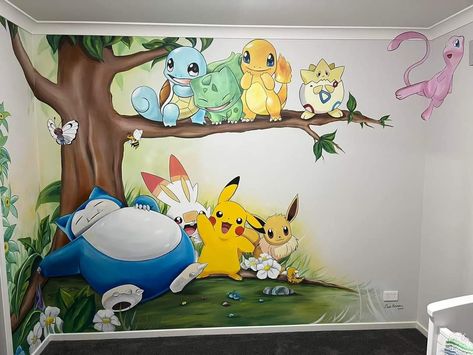 Pokemon Nursery Theme, Pokemon Mural, Anime Nursery, Pokemon Nursery, Disney Baby Announcement, School Wall Art Ideas, Pokemon Bedroom, Pokemon Room, School Wall Art