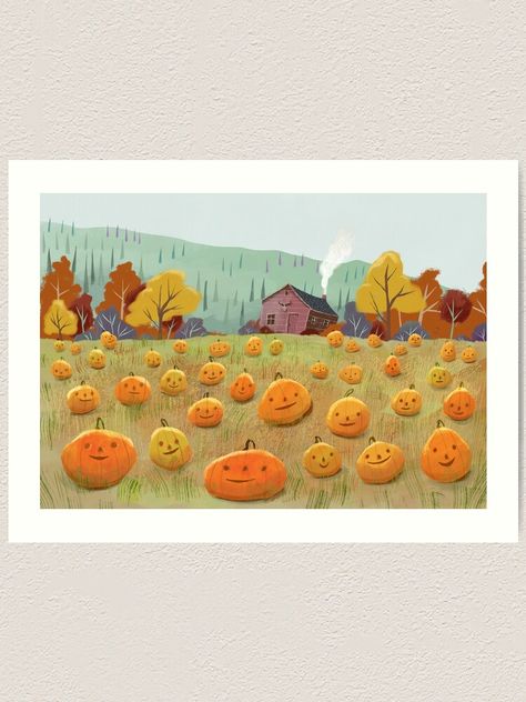 "Happy Pumpkin Field" Art Print by rudyfaber | Redbubble Pumpkin Field Drawing, Halloween Illustration Art, Pumpkin Patch Halloween, Pumpkin Field, Pumpkin Illustration, Happy Pumpkin, Pumpkin Autumn, Autumn Illustration, Spirited Art