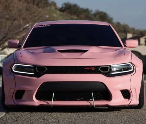 Wrapped Dodge Chargers, Pink Srt Charger, Pink Dodge Charger Hellcat, Pink Scat Pack, Pink Hellcat Charger, Hellcat Charger Aesthetic, Pink Dodge Charger, Pink And Black Car, Dodge Charger Aesthetic