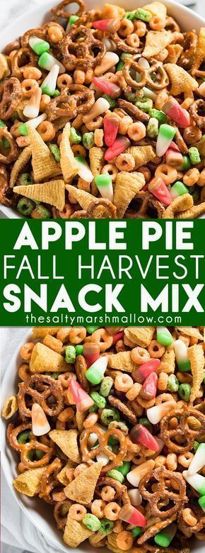 Apple Pie Fall Harvest Snack Mix - A delicious salty and sweet snack mix that is perfect for fall parties or Halloween! This snack mix recipe is easy to make and full of apple jacks, bugles, pretzels, and apple pie candy corn and a sweet brown sugar cinnamon glaze! Sweet Snack Mix, Fall Snack Mixes, Snack Mix Recipe, Apple Jacks, Cinnamon Glaze, Trail Mix Recipes, Fall Parties, Chex Mix Recipes, Fall Snacks