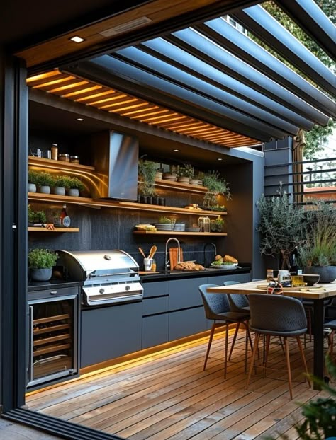 Outdoor Kitchen Decking, Patio Kitchen Design, Summer Patio Aesthetic, Outdoor Kitchen Ideas Uk, Outdoor Kitchen Next To House, Treager Outdoor Kitchen Design, Barbecue Area Design, Rooftop Outdoor Kitchen, Enclosed Outdoor Kitchen