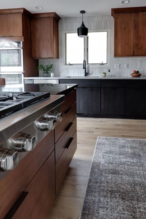 Modern Organic Kitchen Earthy Subway Tile, Black And Wood Kitchen Cabinets Modern, Mid Century Modern Kitchen Black Counter, Vertical Subway Tile Kitchen, Black And Wood Kitchen Cabinets, Vertical Subway Tile, Black Wood Kitchen, White Backsplash Tile, Modern Organic Kitchen