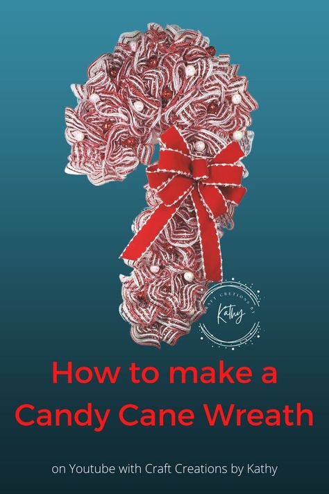 Kathy will give you step by step instructions on her YouTube channel on how to make a Mesh Candy Cane Wreath. Dollar Tree Candy Cane, Deco Mesh Christmas Wreaths Diy, Candy Cane Wreath Tutorial, Candy Cane Wreath Diy, Christmas Yarn Wreaths, Diy Candy Cane, Decorative Mesh Wreaths, Diy Deco Mesh Wreath, Deco Mesh Crafts