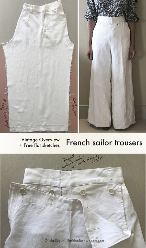 Vintage sailor trousers, with no side seam and 4-button fastening (no zipper). Adjusted and customised as wide leg trousers. Visit my blog for more pictures and Free flat sketches. #jeanpaulgaultier #fashiondesign #patterncutting #clothingrepair #inspiration #fashionresearch #fashionportfolio #fashionhistory Sailor Trousers Pattern, No Zipper Pants, Linen Sailor Pants, Vintage Pants Pattern, Wide Leg Pants Pattern Free, Sailor Pants Pattern, Wide Pants Pattern, Open Side Pants, Adjustable Trousers