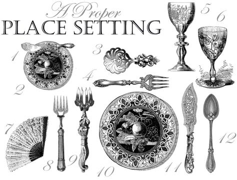 How to set a proper table 1. Butter Knife                        7. Napkin 2. Bread Plate                        8. Salad Fork 3. Dessert Spoon                   9. Dinner Fork 4. Dessert Fork (Alternate)      10. Dinner Plate* 5. Water Glass                      11. Service Knife 6. Wine Glass                       12. Soup Spoon * A dinner plate can have a charger underneath, as well as a soup bowl on top. Additionally Dinner etiquette Tea party guide History of Tea (from a Western perspective Victorian Table Setting, Proper Place Setting, Proper Table Setting, Tea History, Victorian Table, 10 Dinner, Table Manners, Etiquette And Manners, Dessert Fork