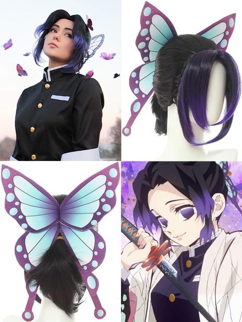 Demon Slayer, Kimetsu no Yaiba, Shinobu Kocho Cosplay Wig. Perfect for anime conventions like Comic Con, Anime Expo, or even worn as a Halloween costume. Great for any Demon Slayer, Kimetsu no Yaiba-themed events and parties. Click on link to view item! Shinobu Kochou Makeup, Shinobu Hairstyle, Demon Slayer Hair Styles, Shinobu Costume, Kny Wallpapers, Shinobu Cosplay, Butterfly Hairpin, Kochou Shinobu, Art Outfit