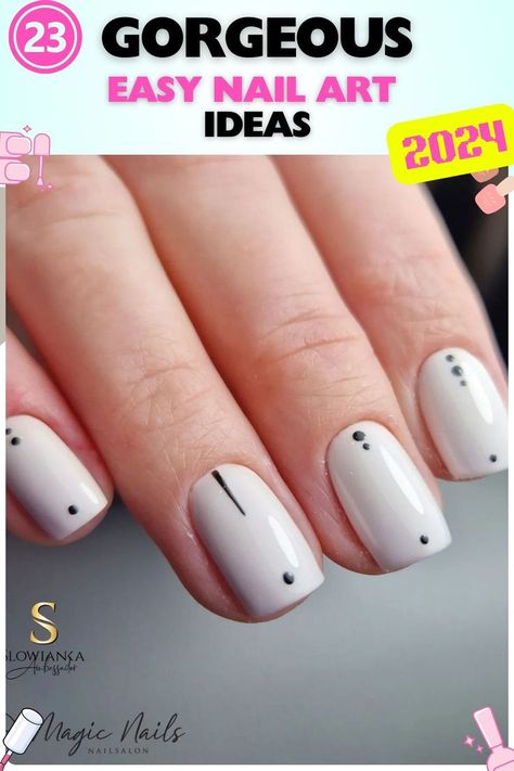 Easy Nail Art on short square nails with minimalist black dot and line art. Chic and modern, perfect for a sophisticated look. Acrylic material. Dots Nails Art, How To Make Dots On Nails, Minimalist Short Nails Art Designs, Basic Short Nail Designs, Minimalist Nails 2024, Nail Designs For Short Square Nails, Easy Short Nails Design, Simple Nail Art For Short Nails Easy, Nails Dots Designs