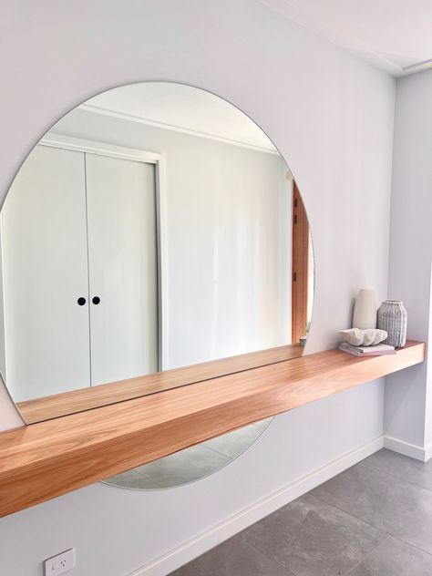 Mirrors With Floating Shelves, Large Mirror With Floating Shelf, Mirror With Floating Shelf, Hallway Buffet, Powder Room Mirror, Curved Mirror, Large Round Mirror, Entrance Way, Hallway Mirror