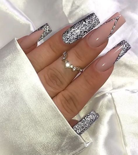 Silver Sparkle Nails, January Nail Designs, Almond Acrylic Nails Designs, Fireplace Tv Wall Decor, Silver Nail Designs, New Years Nail Designs, Room 2023, Fireplace Tv Wall, Gel Nail Art Designs