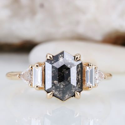 Hexagon Diamond Ring, Pepper Diamond Engagement Ring, Salt And Pepper Diamond Ring, Pepper Diamond Ring, Vintage Art Deco Rings, Statement Rings Diamond, Hexagon Diamond, Natural Diamond Ring, Promise Rings For Her