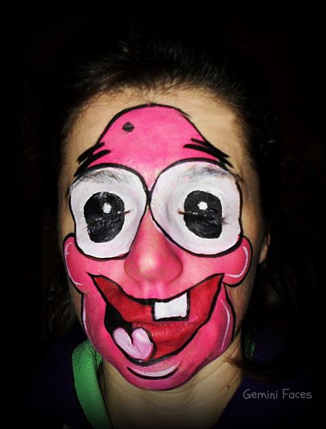 spongebob's Patrick face painting Spongebob Face Painting, Spongebob Face Paint, Sponge Bob Face Paint, Patrick Star Makeup, Spongebob Painting Funny, Patrick Makeup, Sleepover Makeup, Funny Face Paint, Squidward Bubble Face Mask