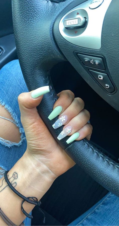 Pastel green flower coffin nails !! Cute Spring Coffin Nail Ideas, April Nails Acrylic Coffin, March Nails Ideas Coffin, Sage Color Nails Acrylic, Pastel Green Coffin Acrylic Nails, Gel X Nails Pastel, Spring Pastel Nails Coffin, April Nails Coffin, Spring Nails 2023 Coffin Shape