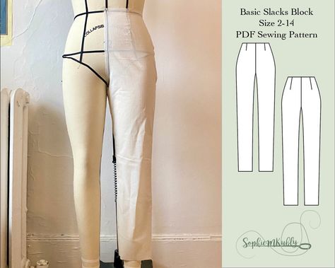 "This is a digital pattern for a women's basic Slacks pattern block, size 2-14. These blocks are meant to be used for fitting and as a starting point for drafting more complex patterns. Use the size chart to determine your size, then follow the line guide to cut out the appropriate size block. These do NOT include seam allowances. This is a Slim Fit pattern, so there is 1/2\"-1\" of ease around the body. You may need to add to the pattern for a looser fit. The length is Ankle-length, because the Basic Pants Pattern, Slacks Pattern, Slack Pattern, Basic Pants, Complex Patterns, Fitting Pants, Pants Sewing Pattern, Clothes Sewing, Full Dress