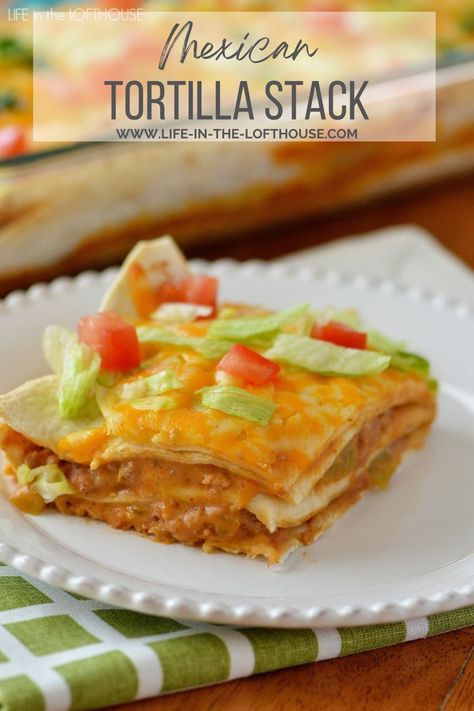 Mexican Tortilla Stack is filled with ground turkey, green chilies, enchilada sauce and loads of cheese, stacked between flour tortillas. It is yummy and definitely a family favorite of ours! Hamburger Meat Tortilla Recipes, Meals With Flour Tortillas, Mexican Casserole With Flour Tortillas, Flour Tortilla Casserole Recipes, Tortilla Stack, Christmas Supper, Tortilla Recipes, Casseroles Recipes, Mexican Tortilla