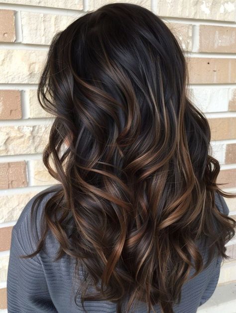 31 Gorgeous Fall Balayage Ideas for Dark Brown Hair Dark Hair With Amber Highlights, Brown Hair Change Ideas, Caramel Partial Balayage On Dark Hair, Winter Lowlights Brunettes, Ash Blonde Lowlights On Dark Hair, Cute Dark Hair Colors, Caramel Highlights In Dark Brown Hair, Dark Brown Hair With Dimension Balayage, Hazel Highlights On Dark Hair