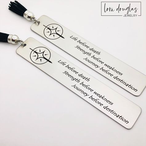 Who's read The Stormlight Archive? I've been getting orders for custom bookmarks with various quotes from the books. It sounds like my kinda series. Have you read them? ⚔️Link in Bio . #bookmark #stormlight #stormlightarchive #TheWayofKings #WordsofRadiance #Oathbringer #reading #readingrec #fantasy #lifebeforedeath #strengthbeforeweakness #journeybeforedestination #laserengraving #cosmere #cosplay Words Of Radiance, The Stormlight Archive, Bookmark With Tassel, Stormlight Archive, Engraved Handwriting, Laser Engraved Gifts, Tassel Bookmark, Custom Bookmarks, Metal Engraving