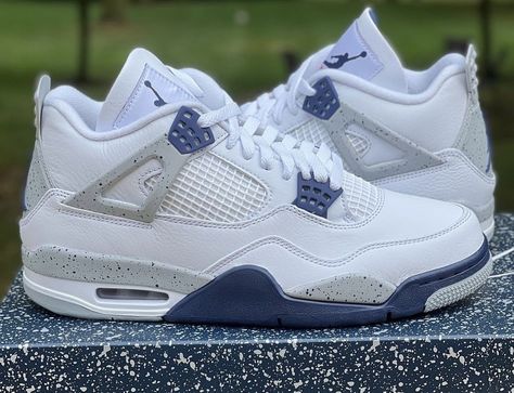 Jordan 4 Shoes For Women Jordan 4 White Midnight Navy, Jordan 4 Navy Blue, Air Jordan 4 Midnight Navy, Jordan 4 Midnight Navy, 4s Outfit, Nike Essentials, Jordan 4 White, Trendy Shoes Sneakers, Navy Sneakers