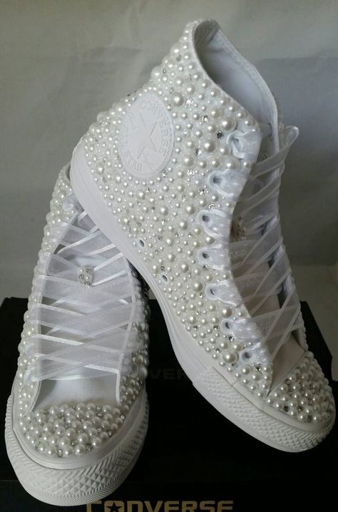 Wedding Converse Bridal Sneakers Bling & Pearls Custom | Etsy Chuck Taylors Wedding, Bride Sneakers, Cowgirl Boots Wedding, Bridal Converse, Classic Black Boots, Baskets Converse, Bridal Sneakers, Country Shoes, Wedding Converse