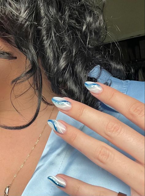 Nail Art For Blue Dress, Wedding Blue Nails For Bride, Blue Line Art Nails, Blue Nail Extension Designs, I’ve Blue Nails, Nail Extension Designs Summer, Bridal Blue Nails, Blue Line Nail Designs, Nails With Blue Details