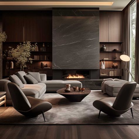 Grey And Brown Living Room, Modern Luxury Living Room, Modern Luxury Interior, Dark Living Rooms, Japandi Living, Decor Fireplace, Luxury Living Room Design, Design Room, Brown Living Room